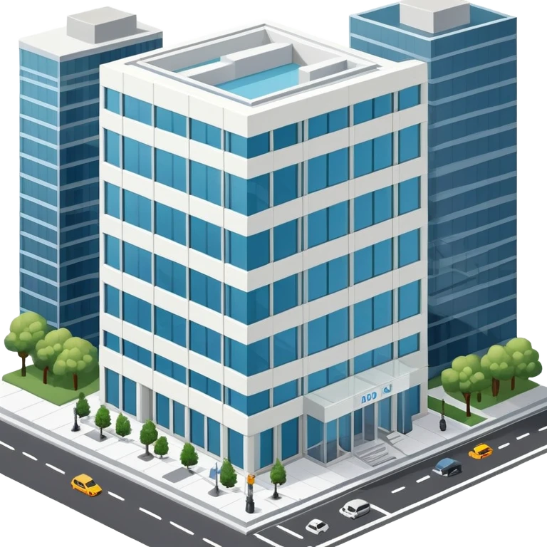 NYC corporate office building exterior, isometric dollhouse-style, highly detailed  emoji