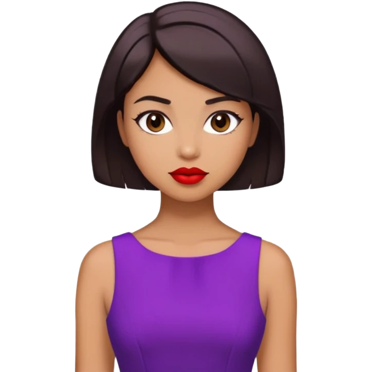 girl tan skin, dark brown short hair, dress purple, red lipstick emoji