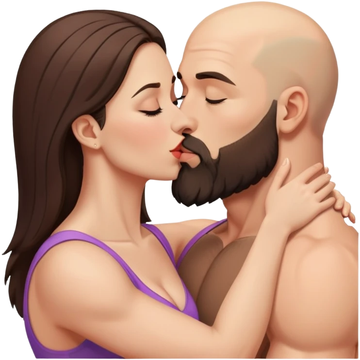 Muscular Bald man with a beard passionately kissing his young brunette wife  emoji