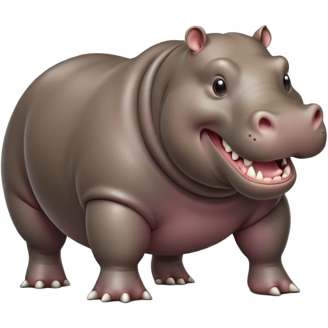 cinematic-hippo-realistic-full-body-side-view-standing-on-all-fours-emoji,-massive-round-frame,-wide-mouthed-grin-exposing-huge-teeth,-head-tilted-dramatically,-thick-greyish-brown-hide-glossy emoji