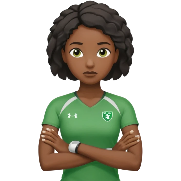 A calm black female coach with folded arms, analyzing the game with sharp focus, green clothes emoji