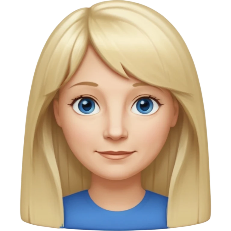 50 yr old white woman, hippe part bangs, very long straight blond hair, oval face, small smile, blue eyes, thin face, hair downback, hair parted at center of head, round cheeks, pale, longer hair emoji