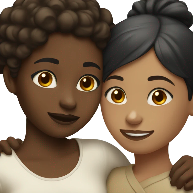 Black girl with dark brown hair hugging a white girl with short black hair  emoji
