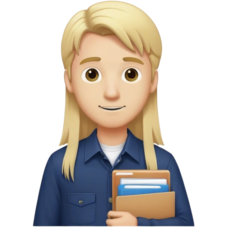 Guy with long straight blonde hair and navy button up holding a school packet emoji