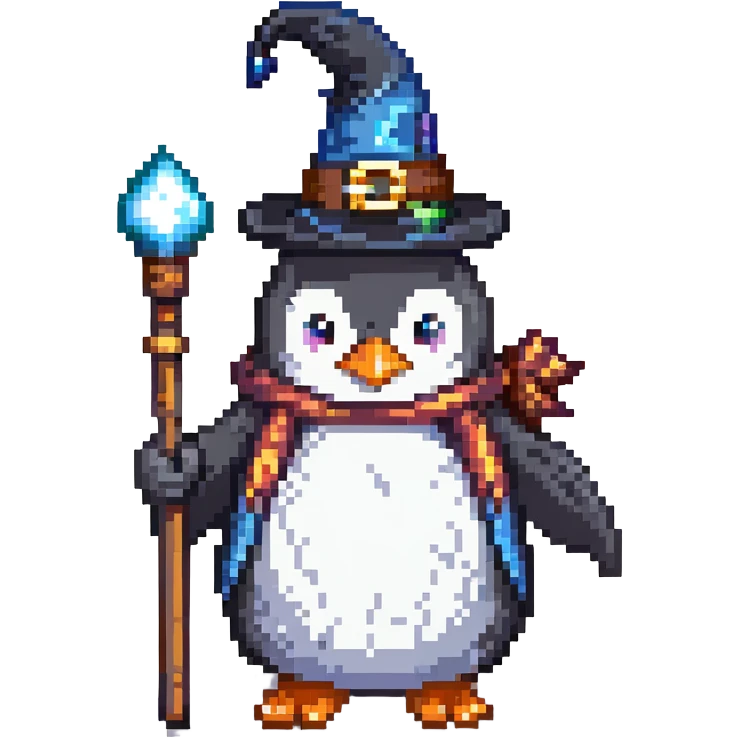 penguin wizard with a staff and wizard hat emoji
