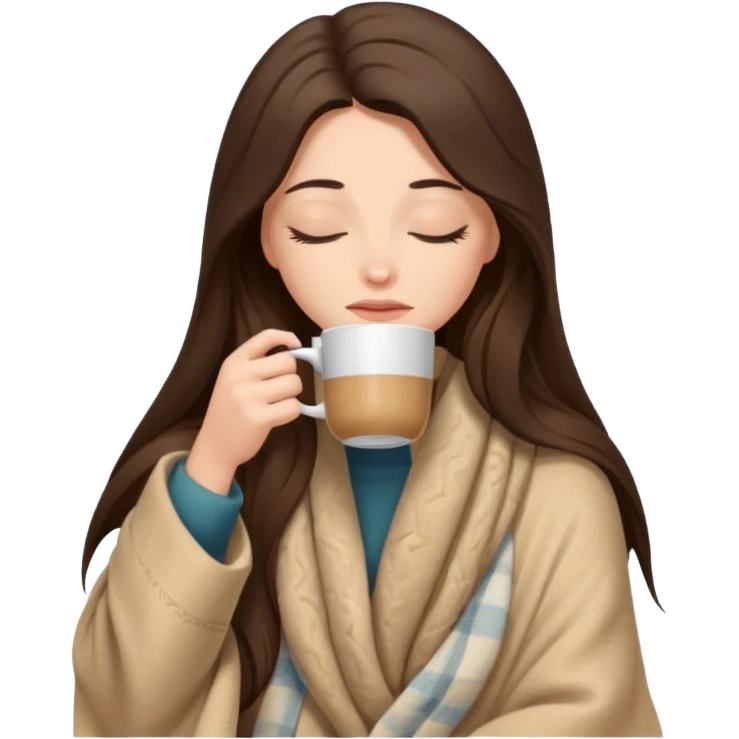 Brunette girl long hair inside a beige blanket sipping coffee eyes closed emoji