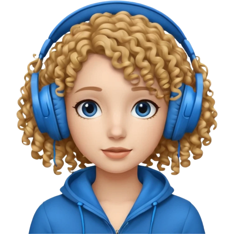 A girl with curly hair listening to music with blue headphones emoji