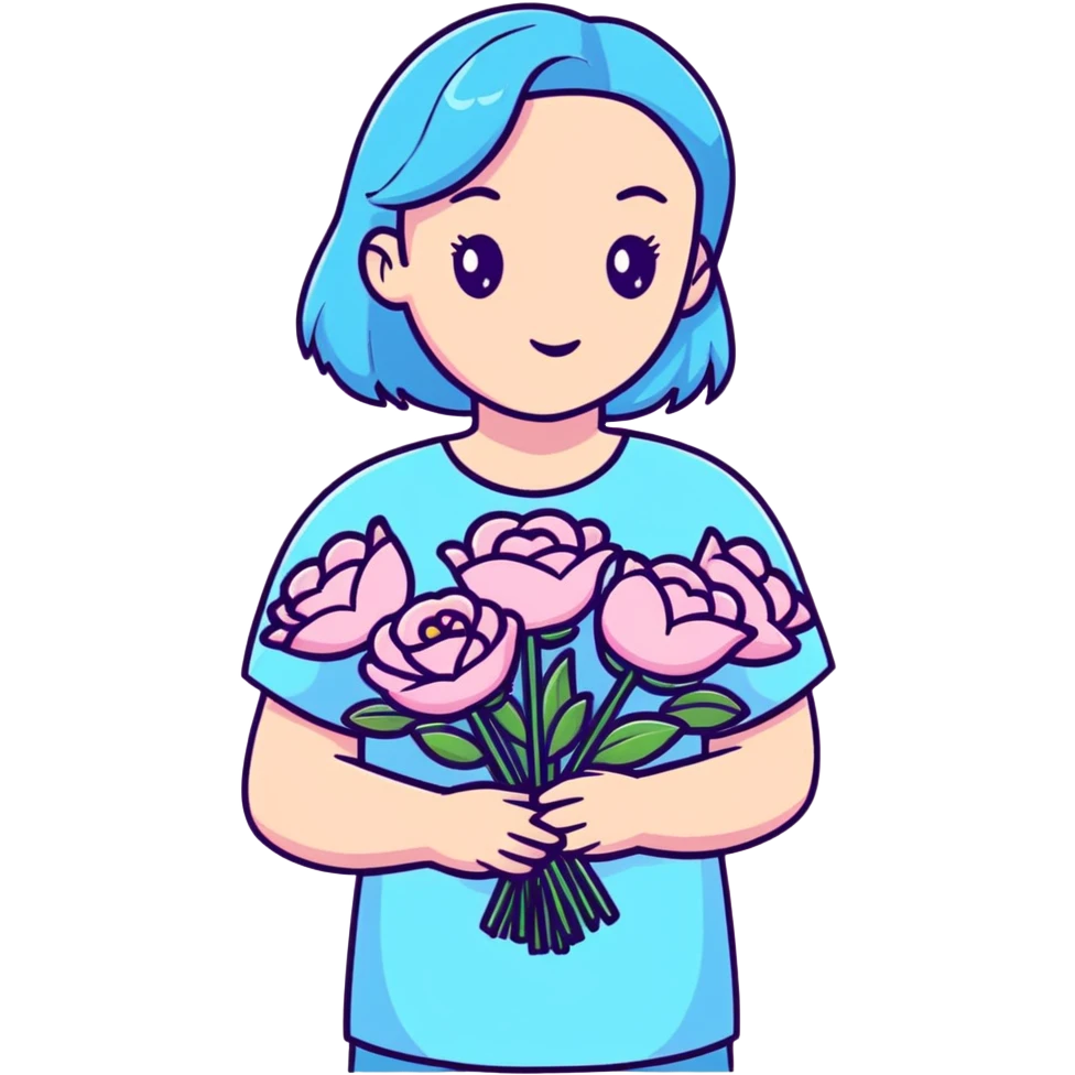 girl wearing pastel blue clothes holding a bouquet of pink flowers emoji
