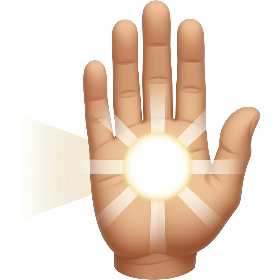 Healing Light coming out of one hand that faces outward and looks like Jesus' healing hand ... then take out the veins of. light ... leave the ball of light in the center but center it top to bottom on the palm and make it larger, then show beams of light eminatining above the hand like a sun burst emoji