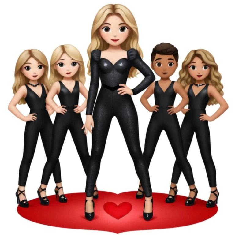 Sabrina carpenter singing at concert wearing a black sparkle jumpsuit and black hyper sparkle heels. She is standing in the center stage part that is in the shape of a red heart and it extends from the main stage, with a group of dancers surrounding her  emoji