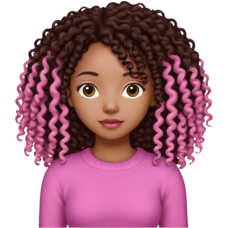 Uma menina negra da pele clara magra definida com roupa de malha rosa com cabelo cacheados  castanho escuro grandão até a cintura sem muito volume no cabelo emoji