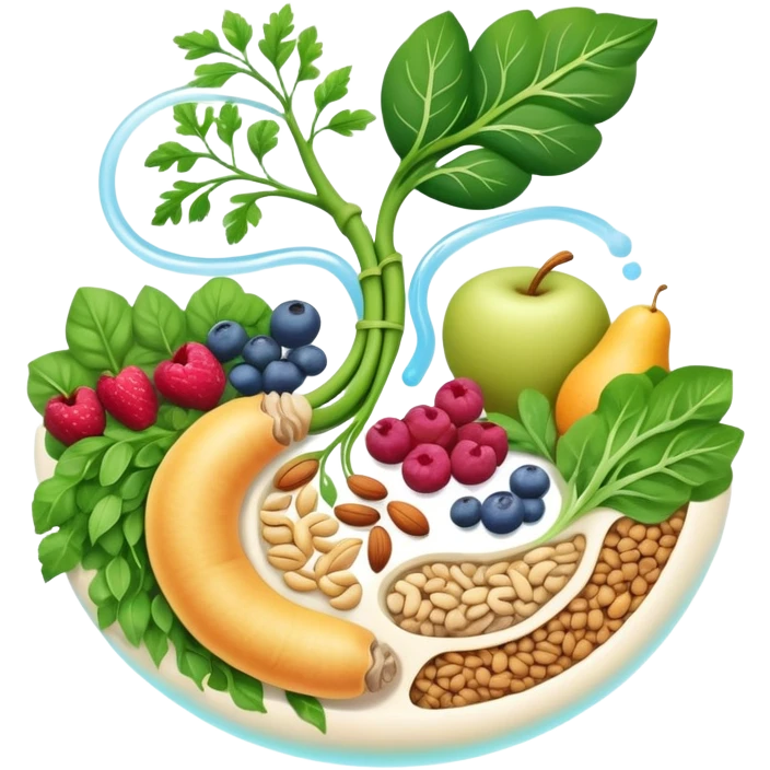 Whole grains, beans, lentils, colorful fruits, leafy greens, and small nuts surrounding an ethereal digestive system with visible intestinal tract. Gentle cleansing light flows through the intestines like a magical river, showing fiber's purifying effect. emoji