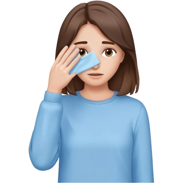 brunette girl with brown hair wearing pastel blue clothes covering her face with her hand emoji