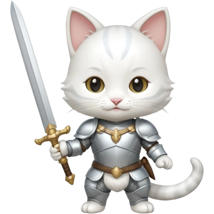 baby chibi white cat in silver armor, full body, smile, hold sword emoji