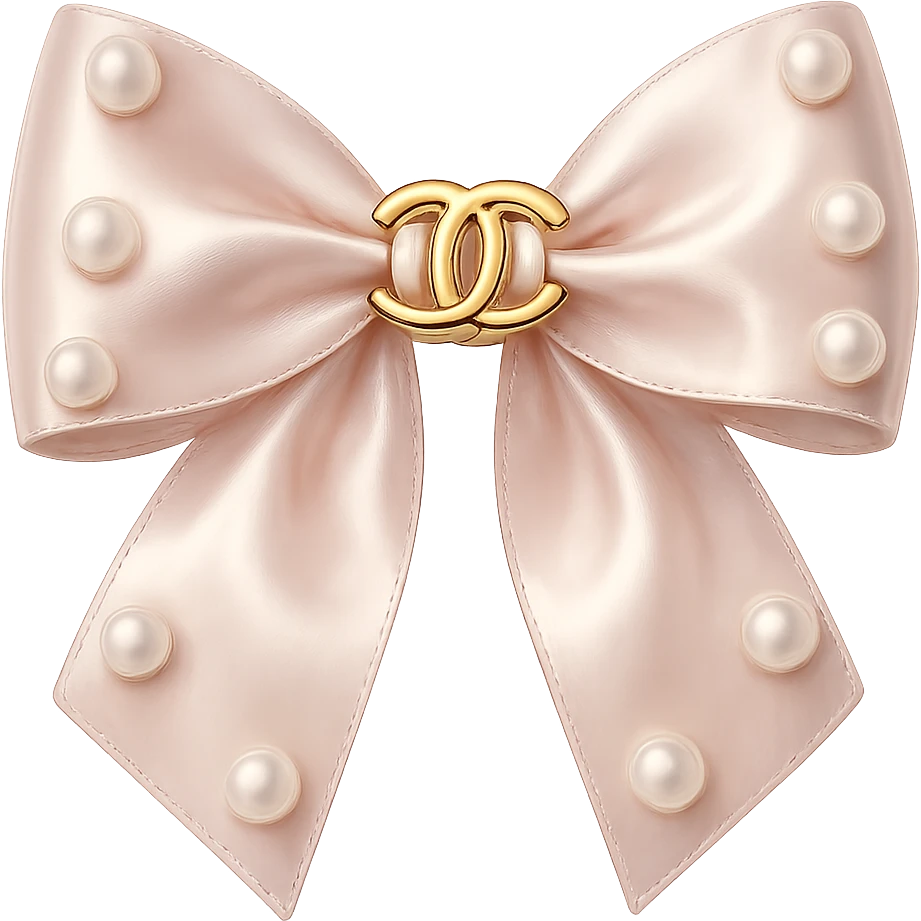 Remove the background, keep only the elegant bow with pearls and gold Chanel logo, glossy, pastel colors, realistic style, with no background. emoji
