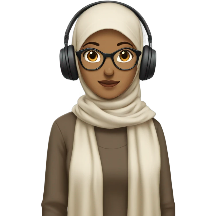 a hijabi girl her outfit includes a beige sweater paired with a brown hijab styled neatly around the head. The character is also wearing large black headphones and rectangular glasses, completing the practical and casual vibe. emoji