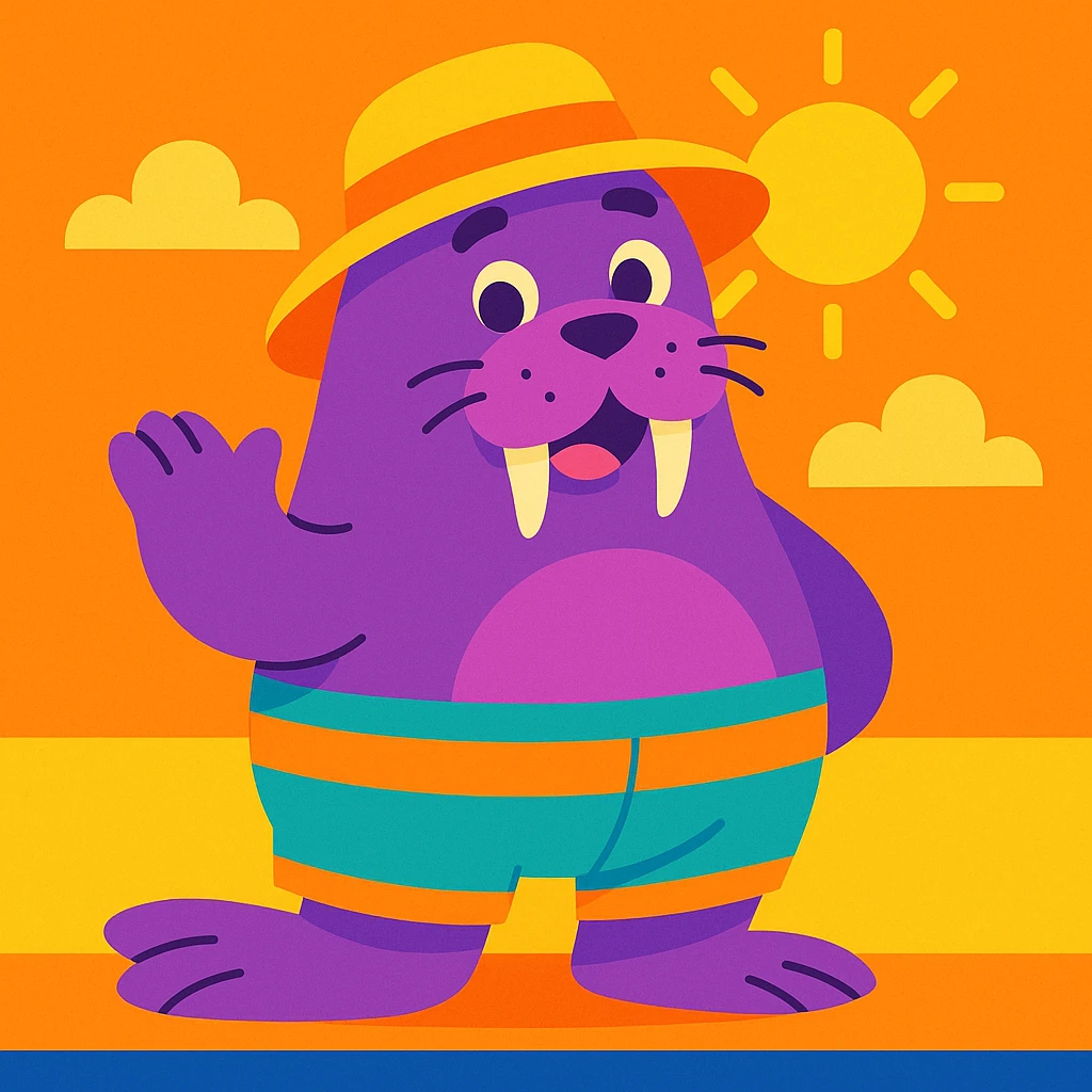 cute purple walrus with a sun hat and shorts, cheerful style emoji