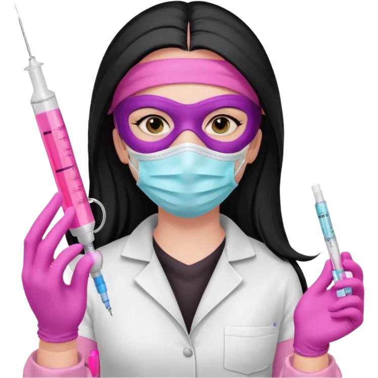 laboratorista con guantes rosa y mascarilla rosa  jeringa tubos  pelo negro largo triguella sin lentes pelo lacio negro y largo  emoji