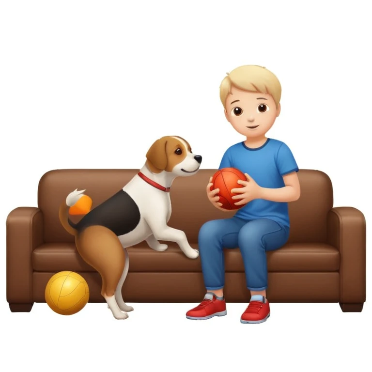 kid and dog playing with ball, living room background emoji