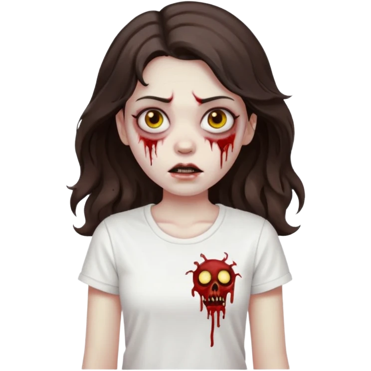 zombie girl who has wavy dark brown hair and a white t shirt emoji