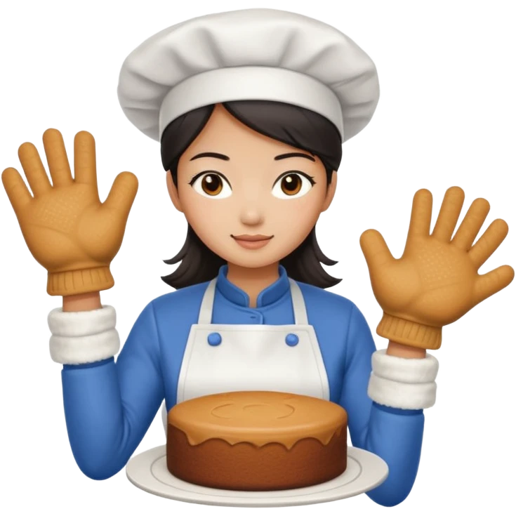hot Asian girl baking a cake, with oven mitts emoji