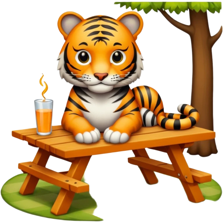 Tiger sitting on picnic table wearing engagement ring emoji