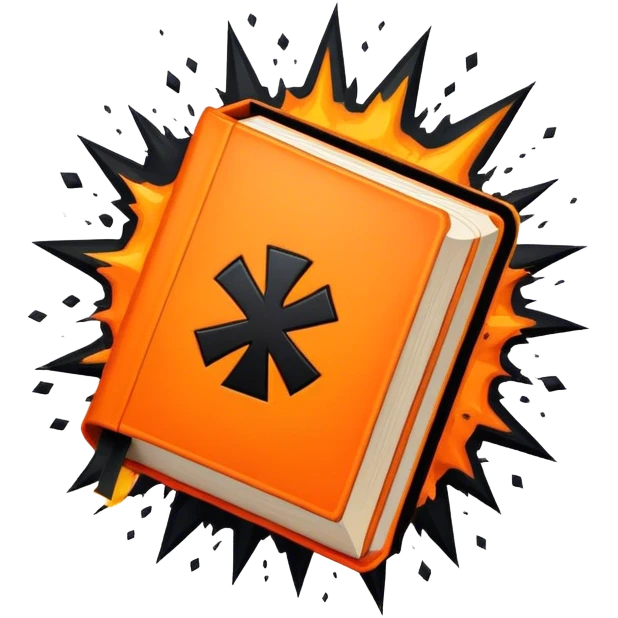 A bright orange book with a black, emblem explosion,bold X with a edgy texture, exuding energy and pure, unapologetic confidence. emoji