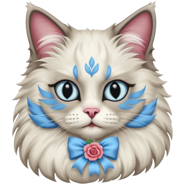 Neva masquerade cat, very fluffy, gray and white, with pale blue eyes and rose nose emoji