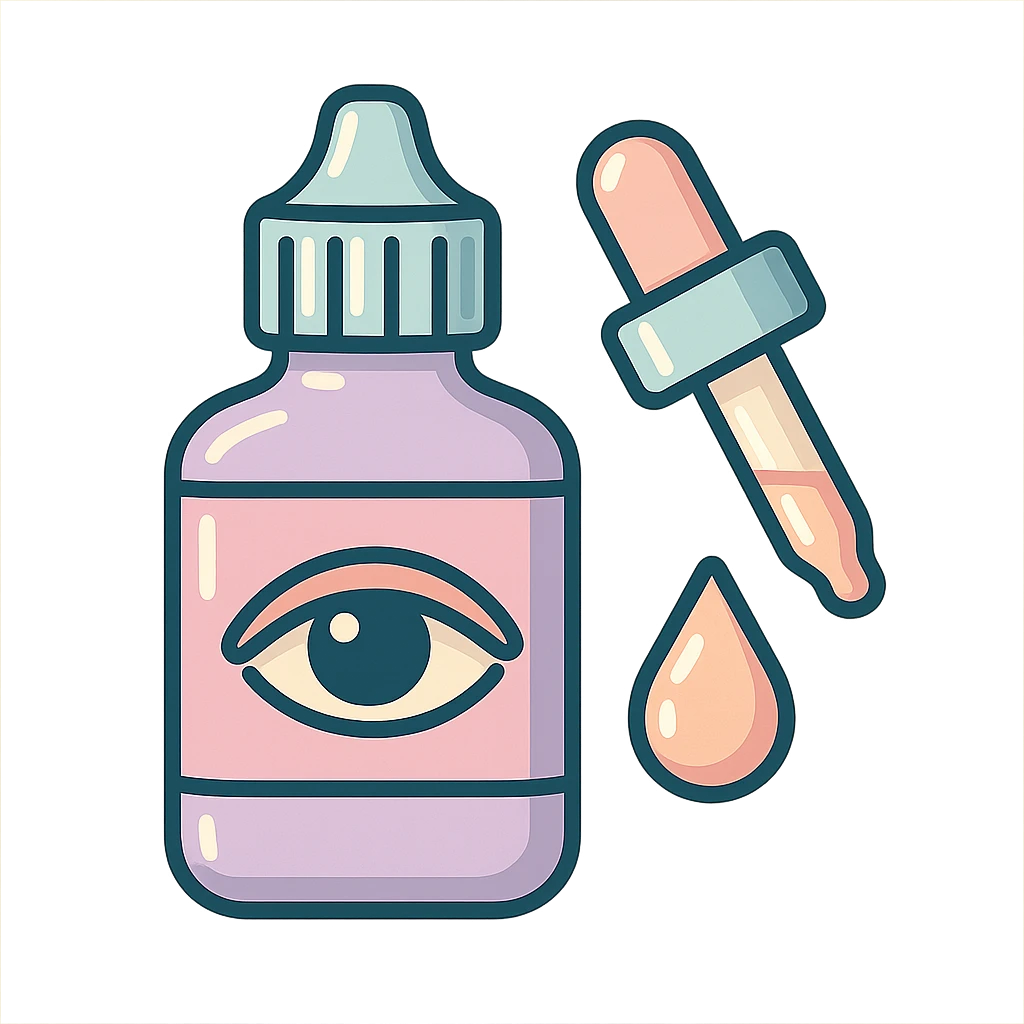 eye drops with dropper, vector look with shadows and highlights, detailed shading, thin clean outlines, soft rounded features, pastel palette #98B5BC #B5B3C1 #C9A3C9 #E4C0CA #F7DCD1 #F7C0AA, Japanese pop art, sticker look, highly detailed emoji