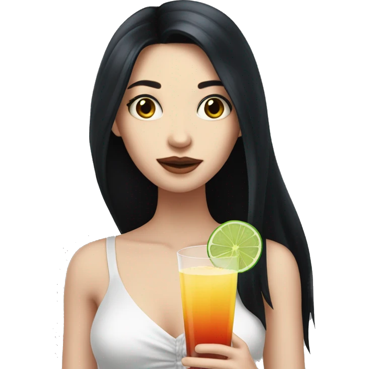 Pale girl with long black hair with chest holding cocktail emoji