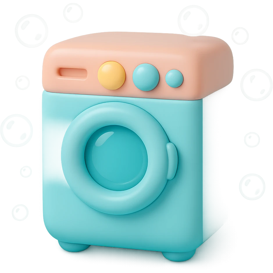 Add playful cartoon bubbles around the vinyl figure style washing machine, keep the original vinyl-figure look and colors. emoji