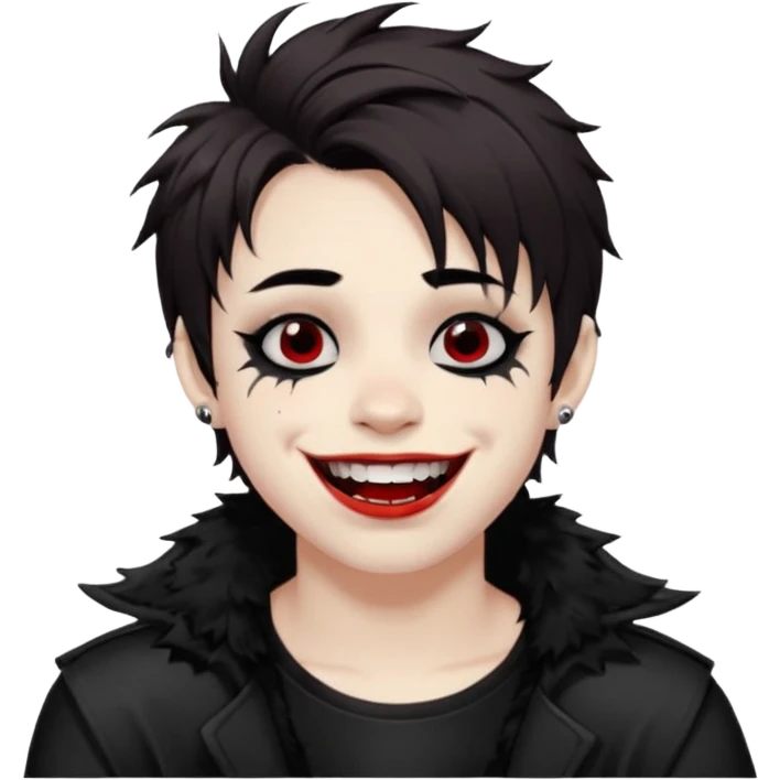 Laughing pale Goth boy with piercings, with shaggy dark brown hair, and messy black eyeliner , smudged, red, lipstick  emoji
