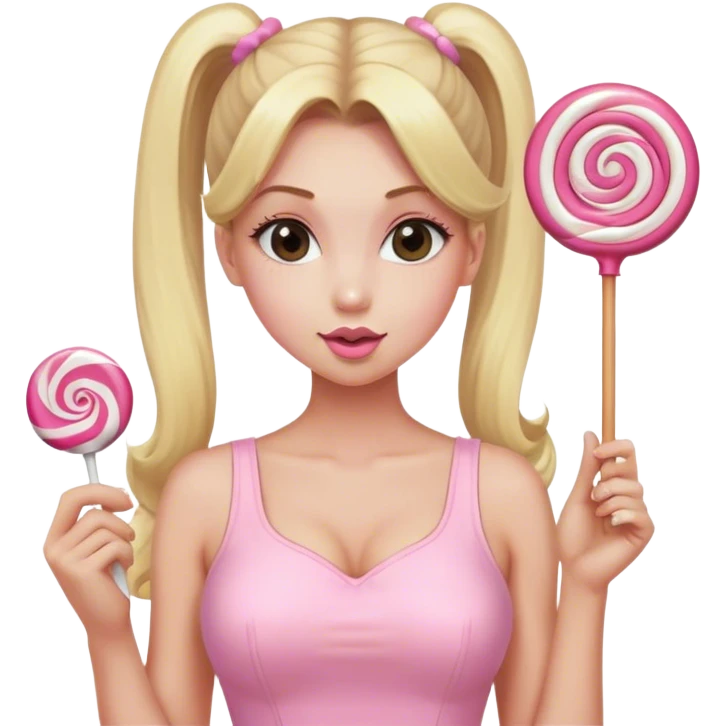 Beautiful woman with long blonde ponytails wearing light pink bodycon dress holding a lollipop emoji