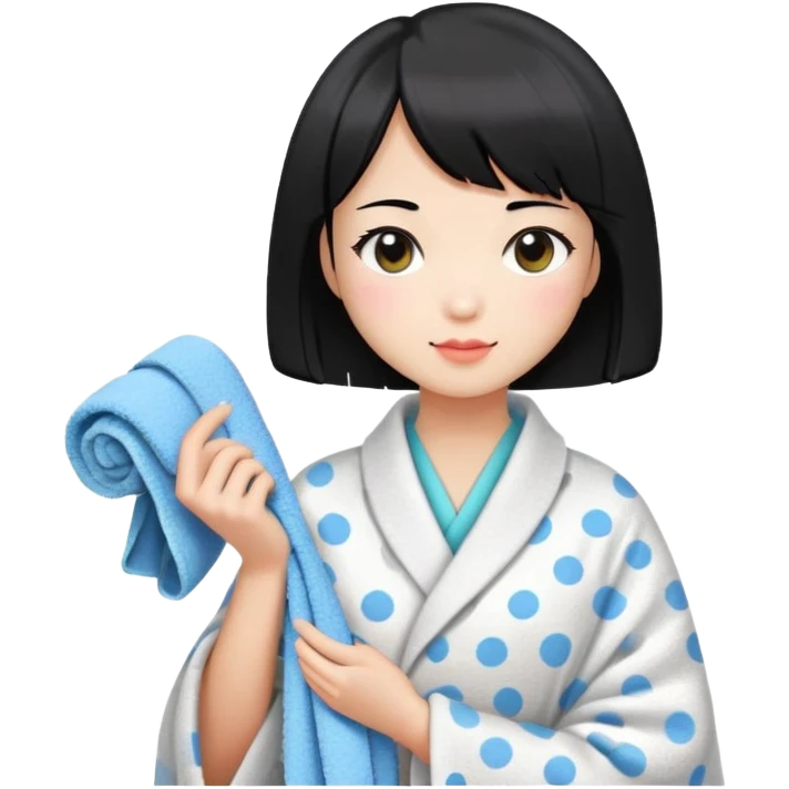 girl with black bob-cut hair, dotted coat, Chinese appearance, holding a towel, looking like a masseuse emoji