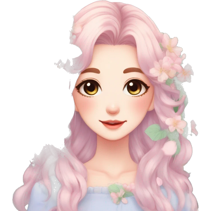 Gorgeous Pastel Anime-Style Lady with beautiful hair flower petals leaves cottagecore fairycore pastelcore kawaii aesthetic trending style emoji