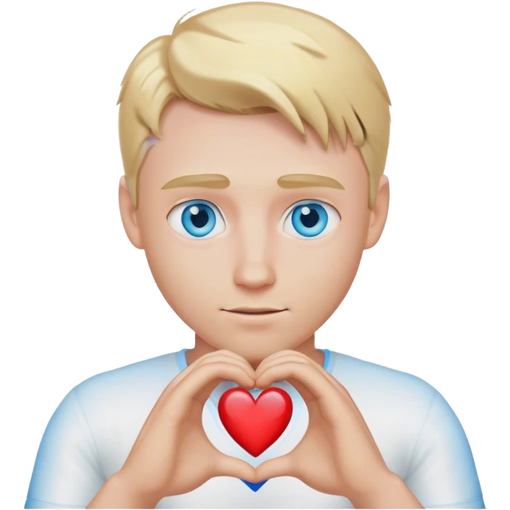 A cinematic realistic blond man with blue eyes shows his heart with his hands emoji