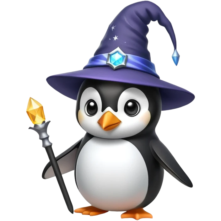 A penguin wearing a wizard hat and holding a magic wand emoji