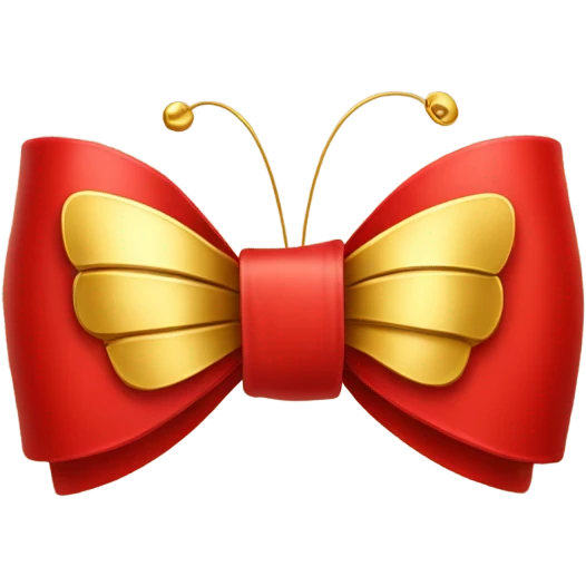 Red bow with long ends. One small gold butterfly sitting on the right corner of the bow.  emoji