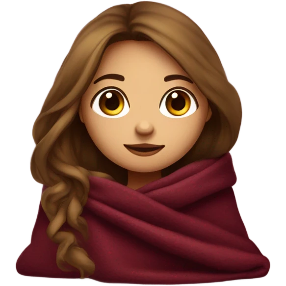 Cute girl with long hair, long lashes in burgundy cozy blanket emoji