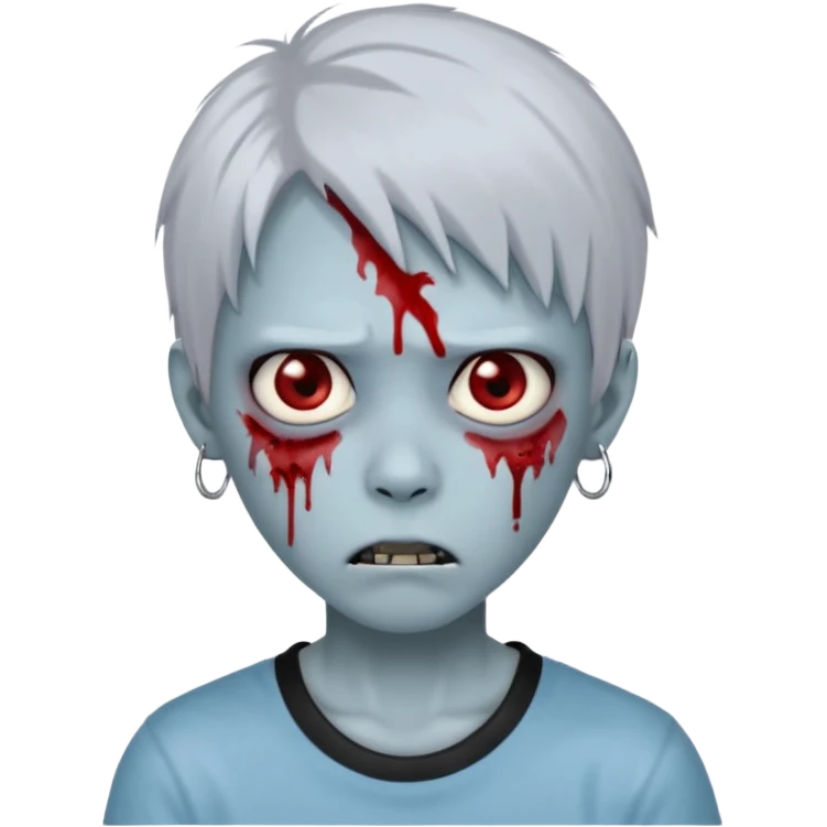 Create a 3D emoji-style avatar with very pale blue-grey zombie skin like the reference image, a young Asian face, and large eyes with blood tears. Give it white mullet-style hair, silver hoop earrings, and a simple black T-shirt. The expression should be neutral or slightly angry emoji