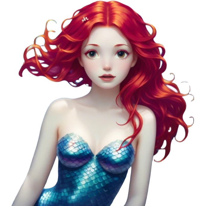 Cinematic Realistic Red Hair Mermaid Portrait, depicted with lifelike porcelain white skin that glows with an ethereal radiance, enhanced by soft underwater lighting. Her intricately detailed, flowing red hair cascades like liquid fire, framing deep, soulful eyes that mirror the mysteries of the deep sea. Accented by shimmering, iridescent scales and delicate aquatic embellishments, the portrait features an enchanting underwater glow that marries realism with mythic ocean elegance. emoji