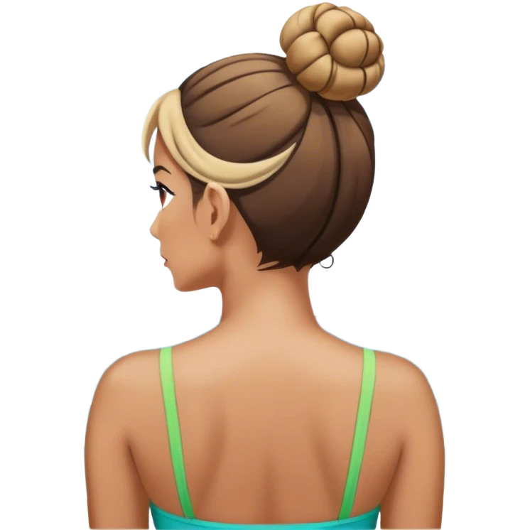 Woman in bathing suit with hair in bun staring at ocean from the back from shoulders up emoji