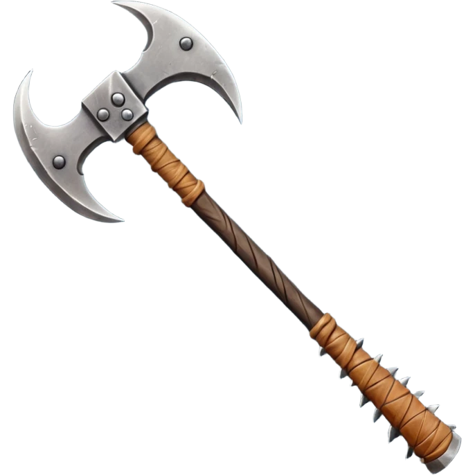 savage barbarian axe object icon, spiked double blade, battle-worn metal, scratches, heavy fantasy weapon, 3D cartoon, mobile game icon style, centered, clean background, no text, no watermark

 emoji
