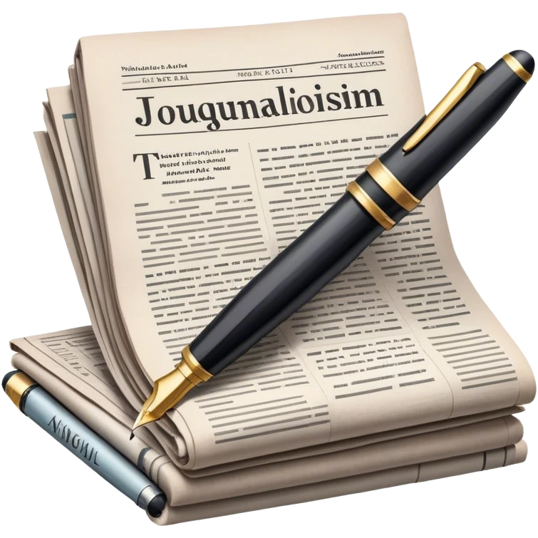 Create an emoji representing journalism and publicistic writing. The design should feature an open newspaper or a stack of articles with visible text columns, symbolizing opinion pieces and analysis. A classic fountain pen or ballpoint pen should be placed near the papers, indicating the act of writing. Optionally, include a small microphone or a press badge to emphasize investigative and journalistic aspects. Use neutral and professional colors like black, white, and muted blue or red. Do not include any emojis or smiley faces. Make the background transparent. emoji