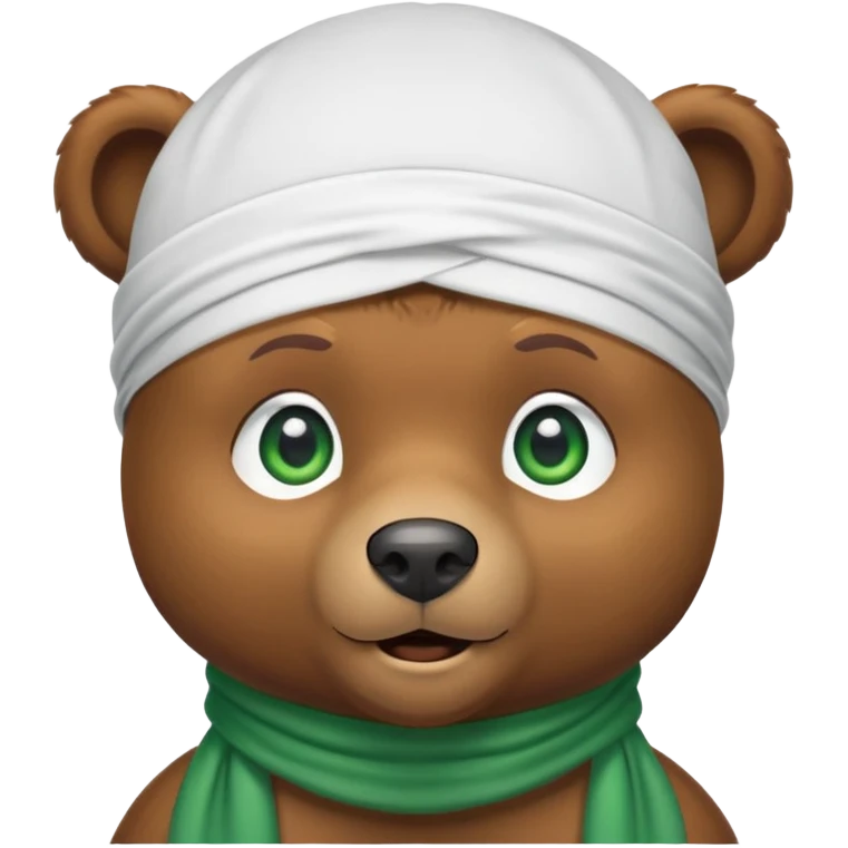Cool brown bear with confident expression and green eyes wearing a crisp white durag with the ties showing, iOS emoji style emoji