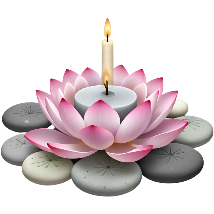 A photorealistic icon featuring lotus flowers, burning incense sticks with smoke rising, smooth round sea stones, and multiple small round candles arranged in a calming, tranquil setting. Soft, peaceful colors with detailed textures that evoke mindfulness and inner peace. Transparent background emoji
