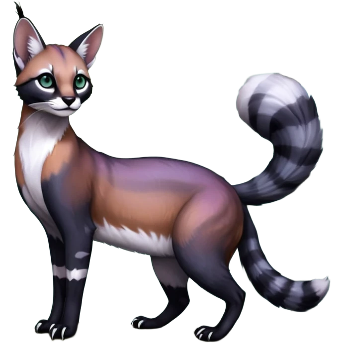 Colorful dark black gloomy spooky pointy foggy smoky points-marked white glorious iridescent divine exotic cute cool beautiful beautiful fantasy-caracal-civet-genet-sergal-vernid-Cacomistle-Trico-oncilla-animal-Fakémon-hybrid-fursona (full body) emoji