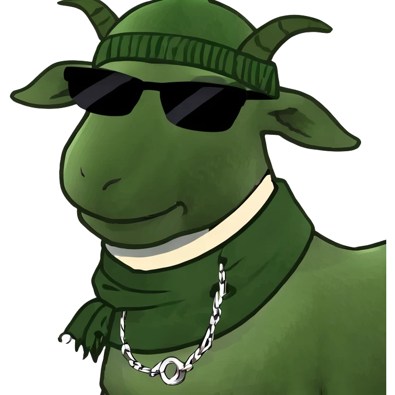 a goat with sunglasses and a scarf and necklaces, also he has a beanie on. he is the leader of the goats emoji