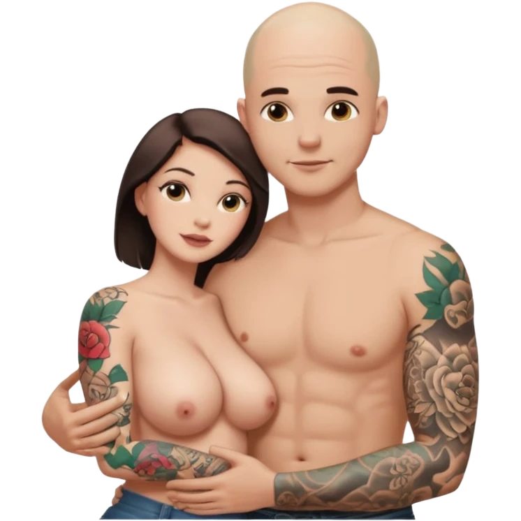 throuple tattooed sleeves bbald male with topless naked big boobed brunette and topless naked big boobed blonde girlfriends  lovingl  and sexy polygamy  emoji
