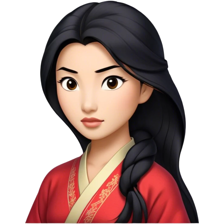 Cinematic Realistic Mulan Portrait, depicted with lifelike skin texture, soft natural lighting, and intricately detailed long black hair styled elegantly. Her deep, expressive eyes exude determination and grace, complemented by a serene yet confident expression. She is dressed in her classic attire, with rich fabric textures and delicate folds that catch the light beautifully. The portrait features a soft, enchanting glow with a natural, radiant finish, capturing the essence of timeless strength and beauty in a realistic and painterly style, evoking a sense of depth and authenticity. emoji